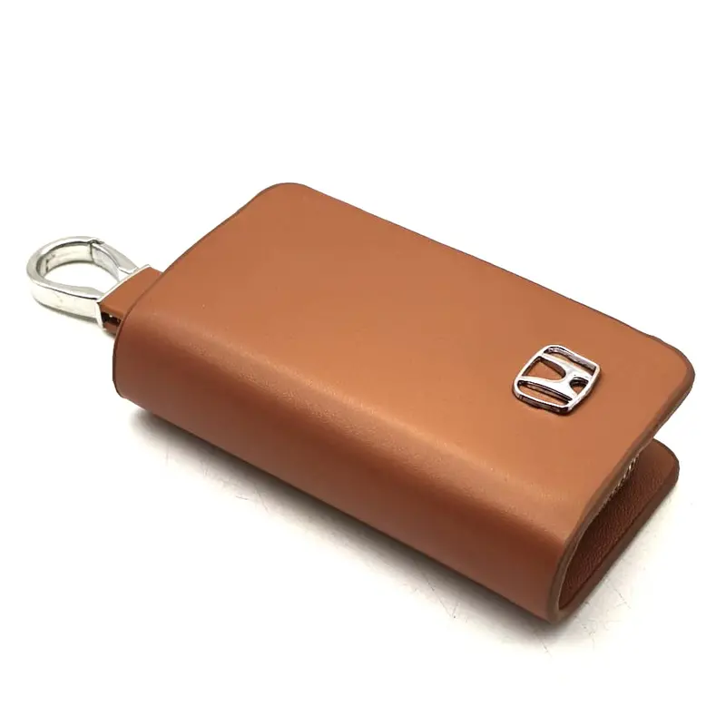 Honda Zipper Glossy Leather Key Cover Pouch Brown With Keychain Ring 2