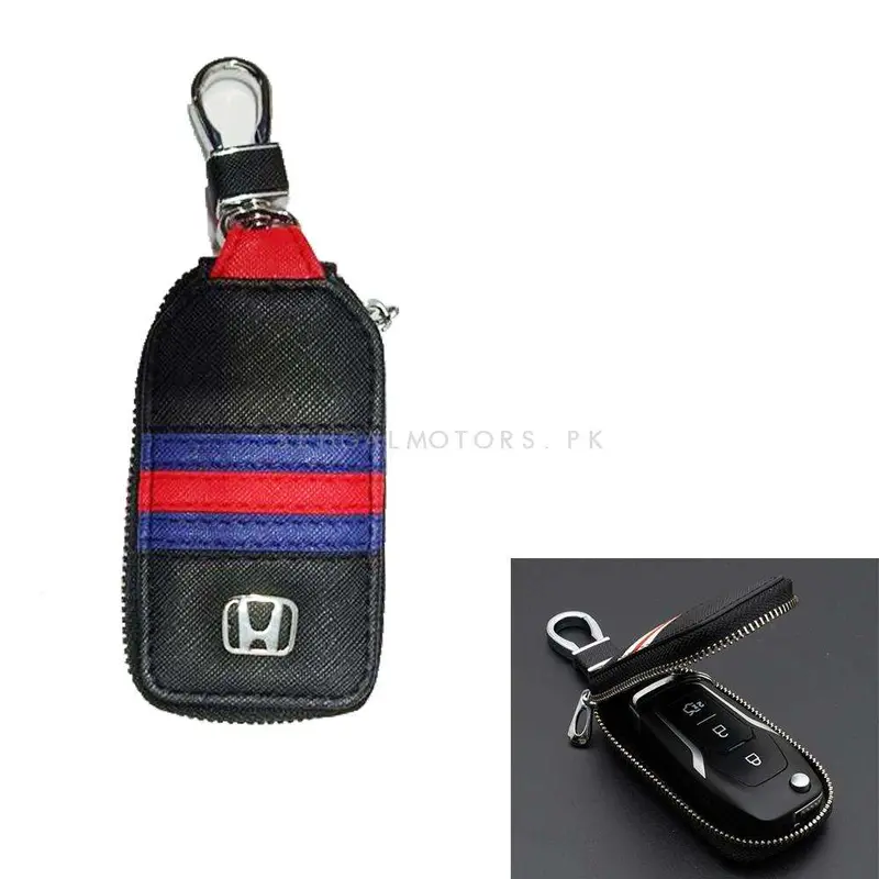 Honda Zipper Jeans Key Cover Pouch Black With Red Blue Strip Keychain - Ring 2