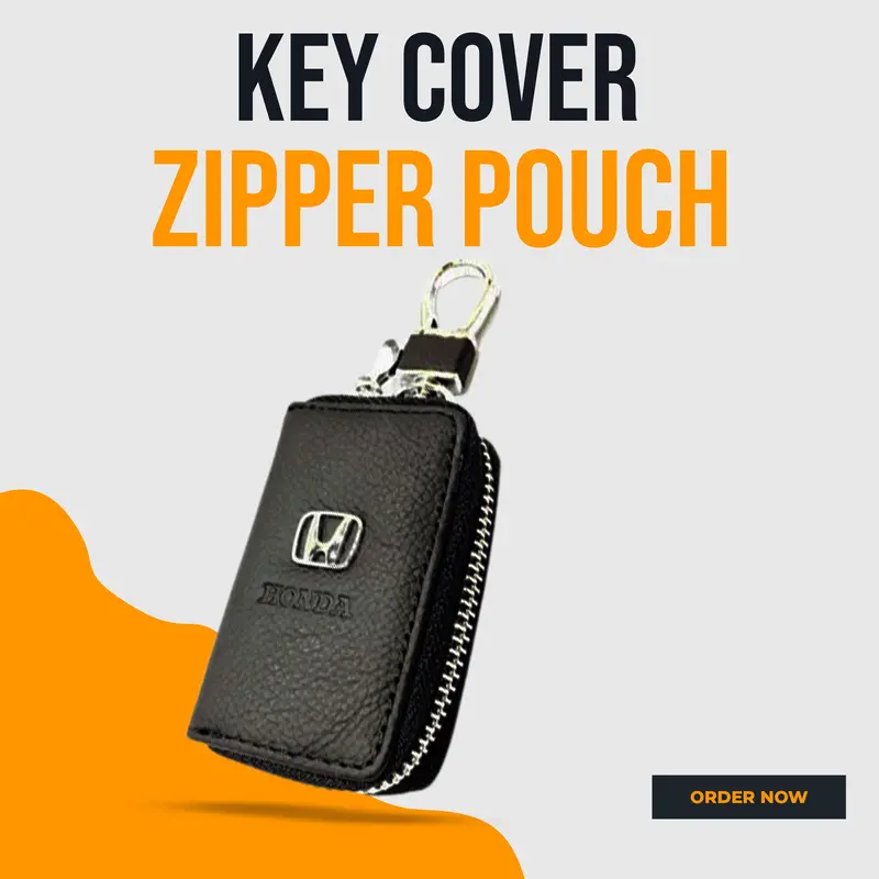 Honda Zipper Matte Leather Key Cover Pouch Black With Keychain Ring 1
