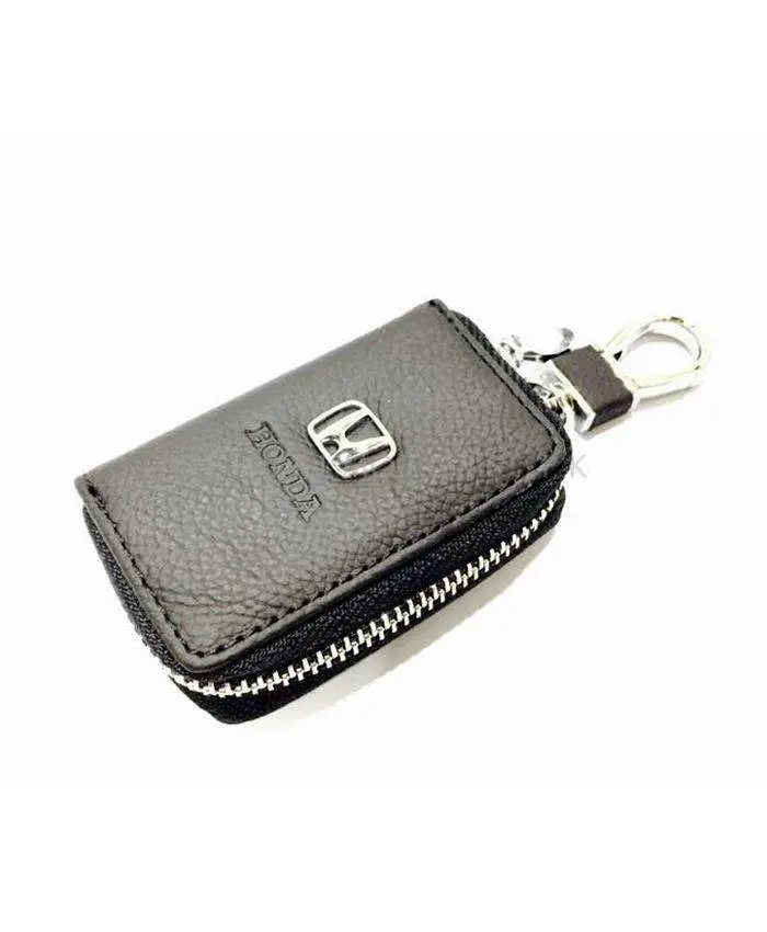 Honda Zipper Matte Leather Key Cover Pouch Black With Keychain Ring 2