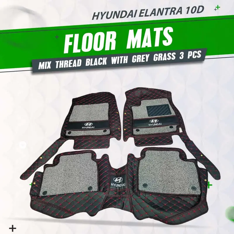 Hyundai Elantra 10D Floor Mats - Mix Thread 3 Pcs Set 2021 - 2024 - - Black With Grey Grass 1