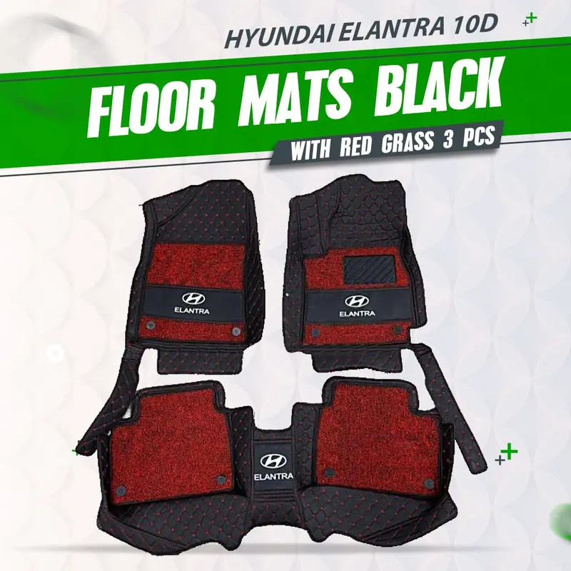 Hyundai Elantra 10D Floor Mats - Mix Thread 3 Pcs Set 2021 - 2024 - Black With Red Grass 1