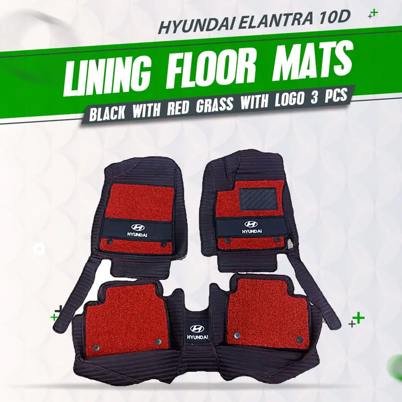 Hyundai Elantra 10D Lining Floor Mats Black With Red Grass 2021 - 2024 - With Logo Mix Thread 3Pcs 1