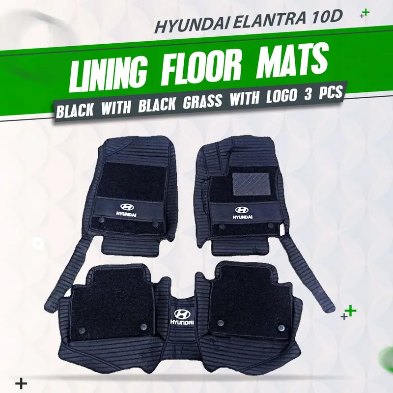 Hyundai Elantra 10D Lining Floor Mats - Mix Thread Black 3 Pcs Set 2021 - 2024 - Black With Black Grass With Logo 1
