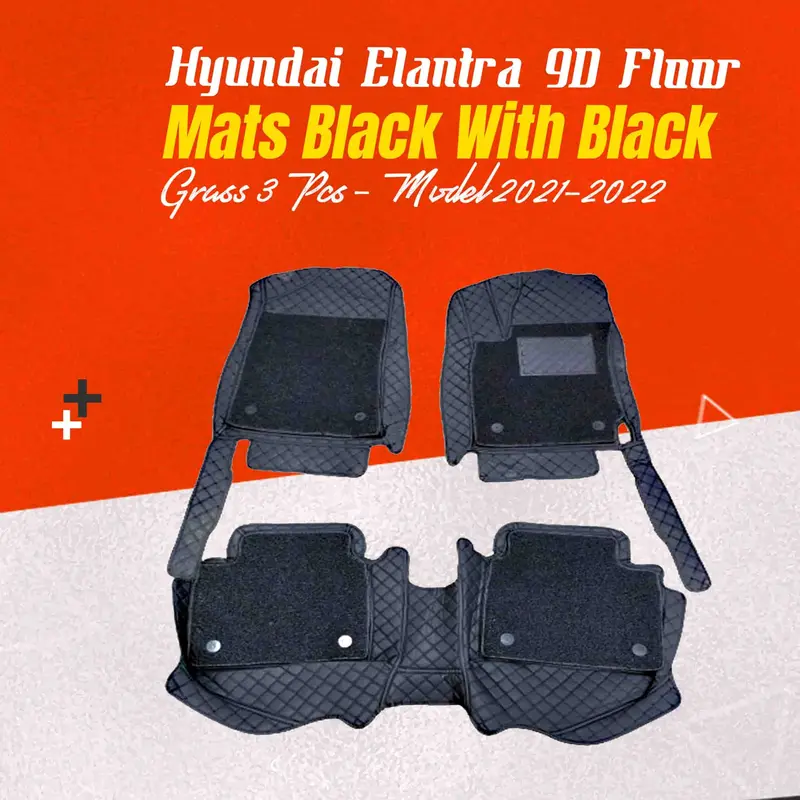 Hyundai Elantra 9D Floor Mats 3 Pcs 2021 - 2024 - Mix Thread Black With Black Grass 1