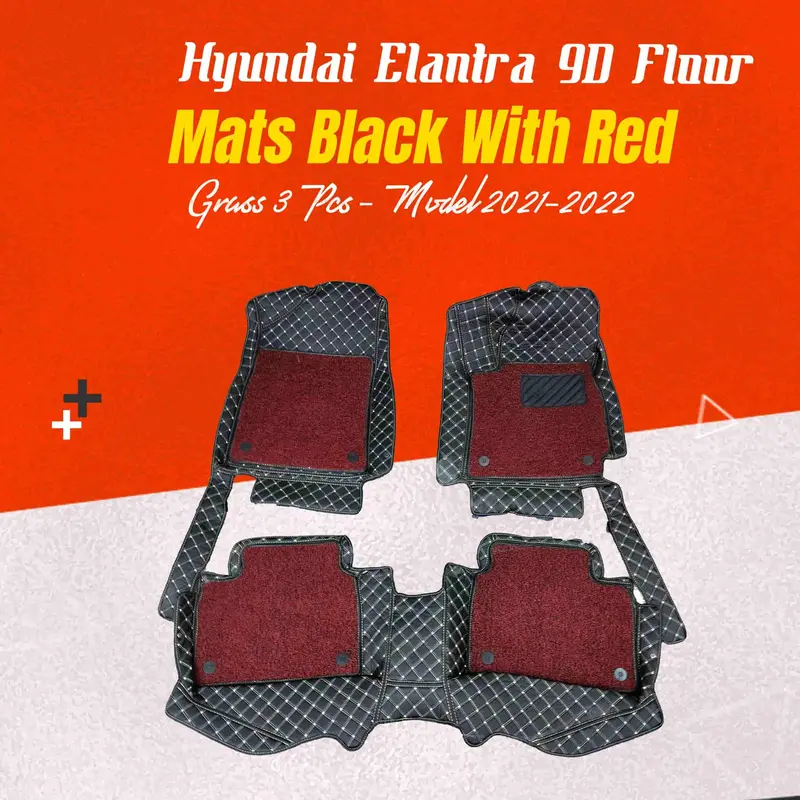 Hyundai Elantra 9D Floor Mats Mix Thread Grass 3 Pcs 2021 - 2024 - Black With Red 1