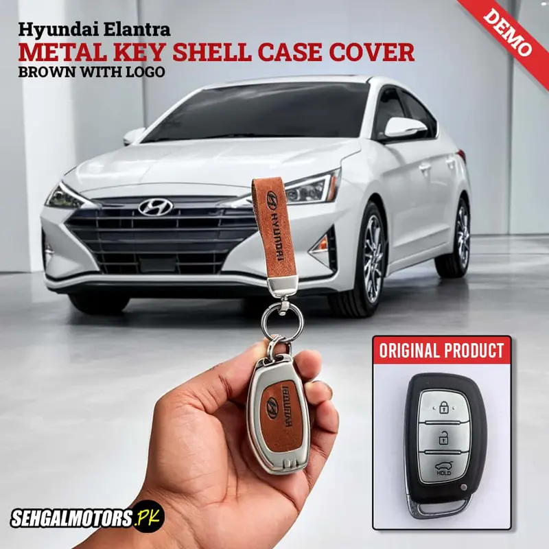 Hyundai Elantra Metal Key Shell Case Cover Brown With Logo - Key Chain - Replacement Casing 1