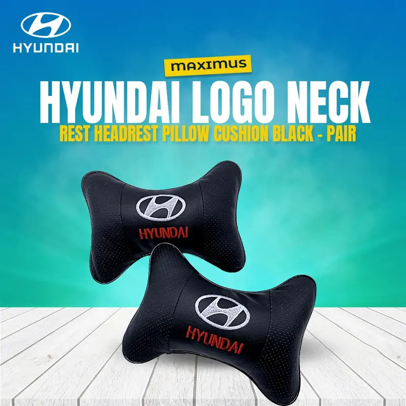 Hyundai Logo Neck Rest Headrest Pillow Cushion Black - Pair 1