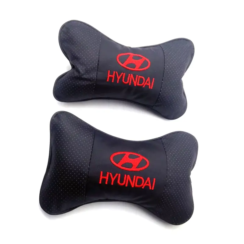 Hyundai Logo Neck Rest Headrest Pillow Cushion Black - Pair 2