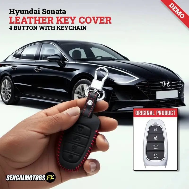 Hyundai Sonata Leather Key Cover 4 Button With Keychain 2021 - 2024 - - Ring Black 1