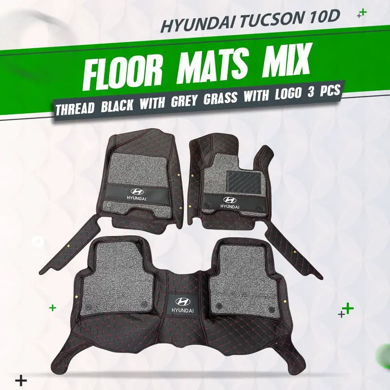 Hyundai Tucson 10D Floor Mats - Mix Thread - 3 Pcs 2020 - 2025 - - Black With Grey Grass With Logo 1