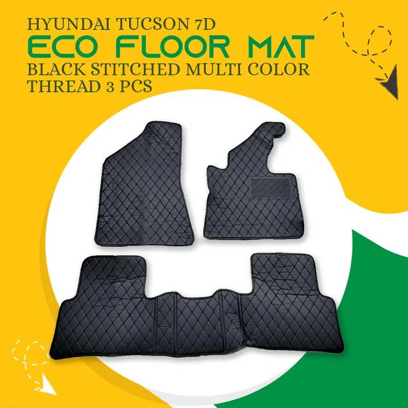 Hyundai Tucson 7D Eco Floor Mats Black 2020 - 2024 - Stitched Multicolor Thread 3 Pcs 1