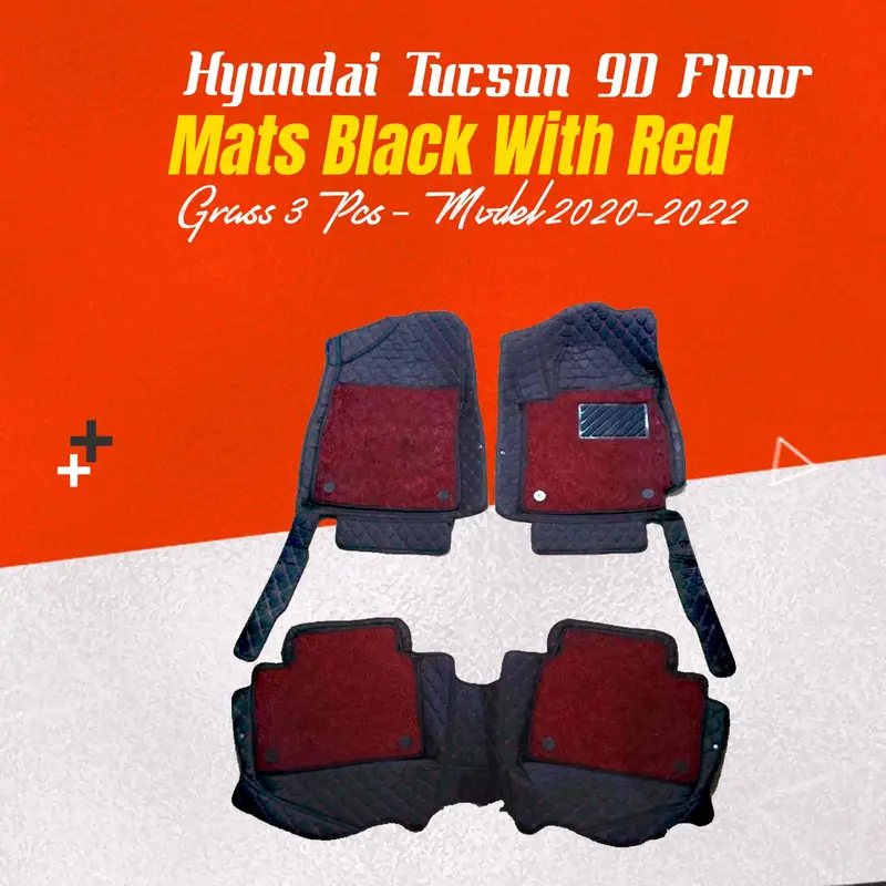 Hyundai Tucson 9D Floor Mats Mix Thread Grass 3 Pcs 2020 - 2024 - Black With Red 1
