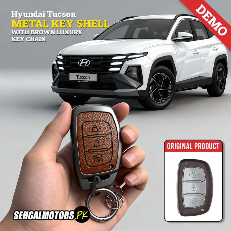 Hyundai Tucson Metal Key Shell With Brown Luxury Keychain 2020 - 2024 1