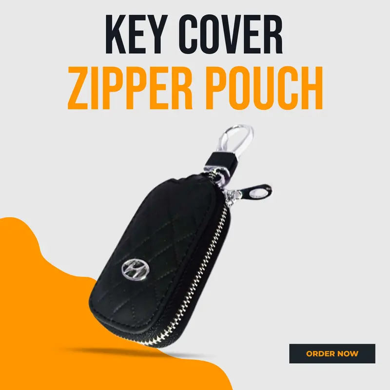 Hyundai Zipper 7D Style Key Cover Pouch Black With Keychain Ring 1