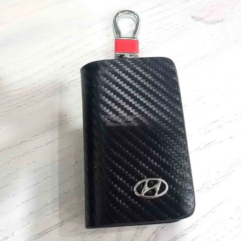 Hyundai Zipper Carbon Fiber Leather Key Cover Pouch Black With Keychain Ring 1