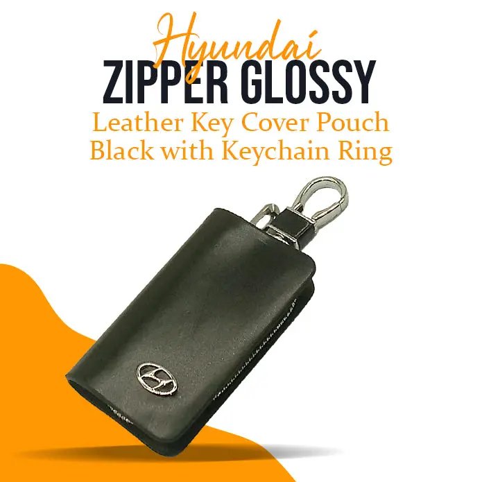 Hyundai Zipper Glossy Leather Key Cover Pouch Black With Keychain Ring 1