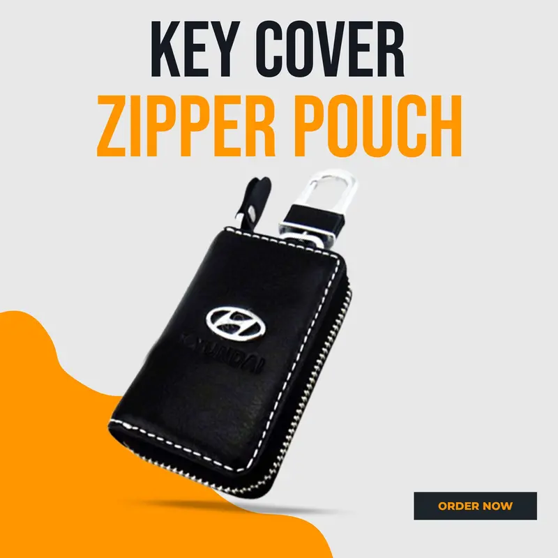 Hyundai Zipper Leather Key Cover Pouch Black With Keychain Ring 1