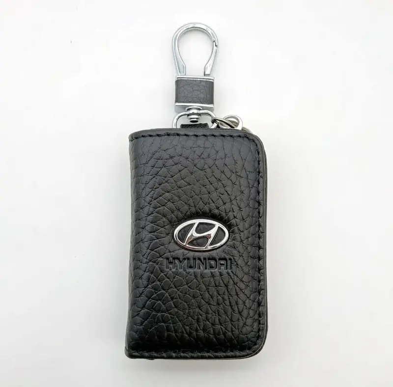 Hyundai Zipper Leather Key Cover Pouch Black With Keychain Ring 2