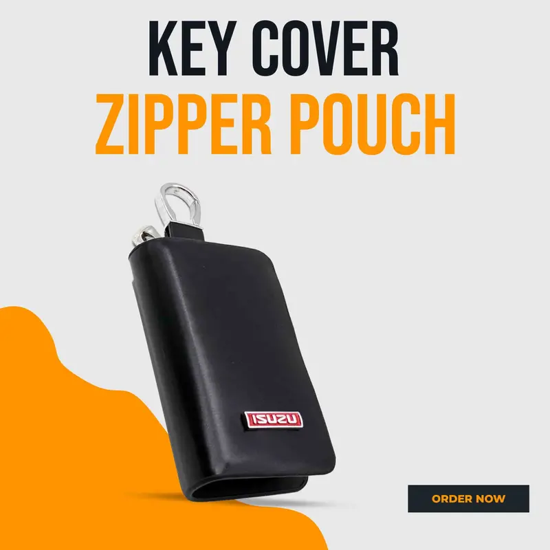 Isuzu Zipper Glossy Leather Key Cover Pouch Black With Keychain Ring 1