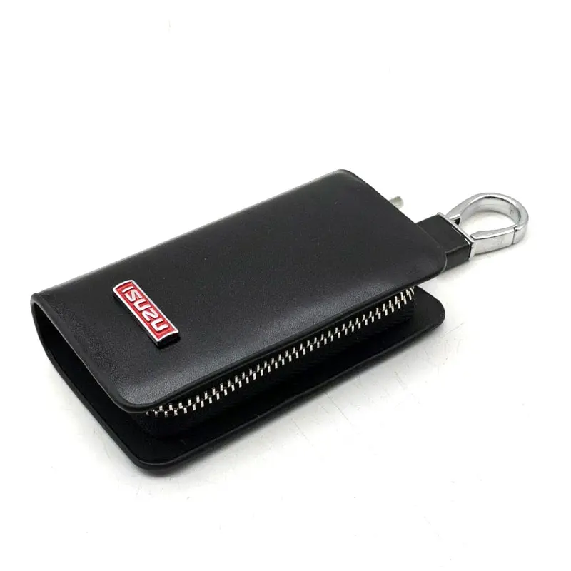 Isuzu Zipper Glossy Leather Key Cover Pouch Black With Keychain Ring 2