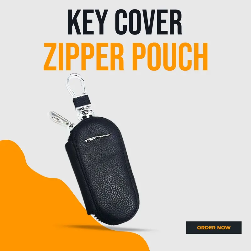 Jaguar Zipper Matte Leather Key Cover Pouch Black With Keychain Ring 1