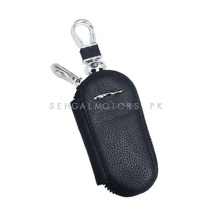 Jaguar Zipper Matte Leather Key Cover Pouch Black With Keychain Ring 2