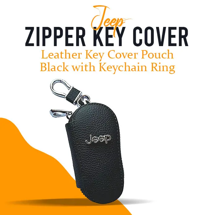 Jeep Zipper Matte Leather Key Cover Pouch Black With Keychain Ring 1