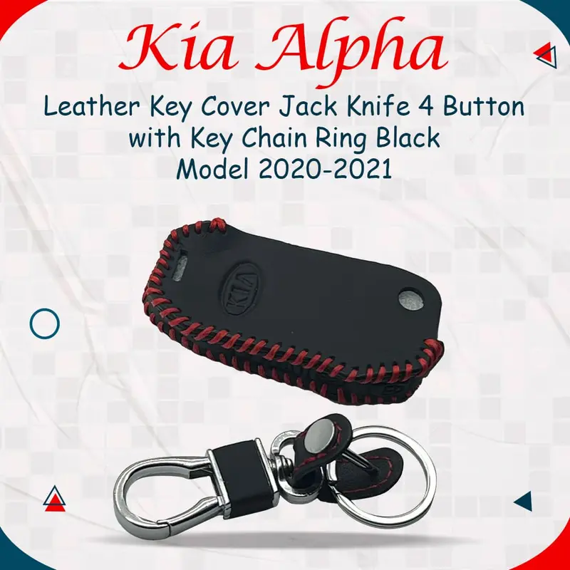 Kia Alpha Jack Knife Leather Key Cover 4 Buttons 2019 - 2025 - With Key Chain Ring Black 1