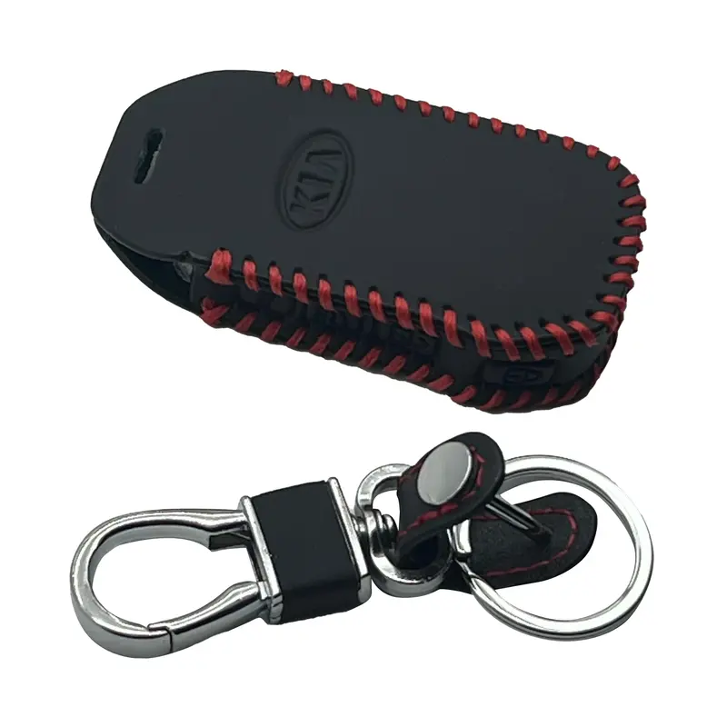 Kia Alpha Leather Key Cover 4 Buttons 2019 - 2025 - With Key Chain Ring Black 2