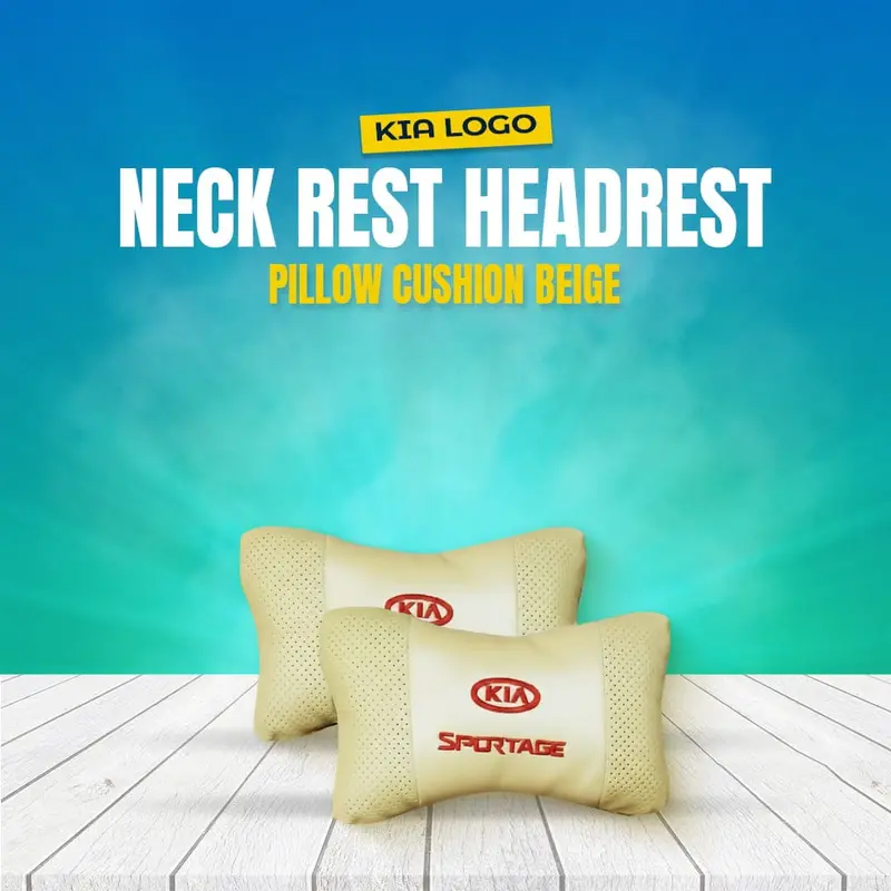 Kia Logo Car Neck Rest Headrest Pillow Cushion Beige Colour - 2Pcs 1