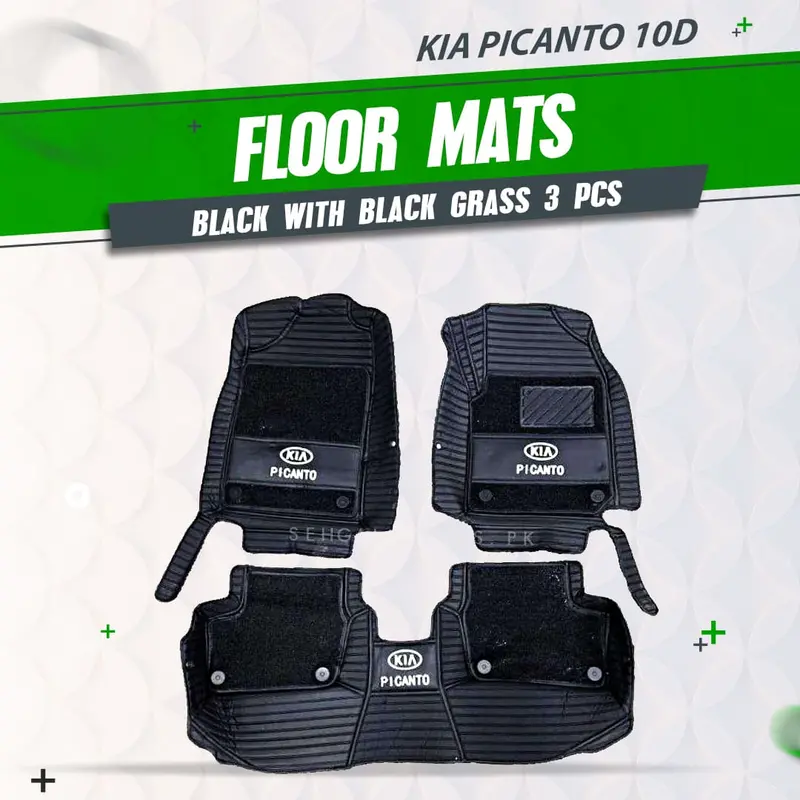 Kia Picanto 10D Floor Mats Black With Black Grass 2019 - 2025 - - Mix Thread  3 Pcs 1
