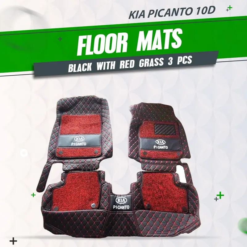 Kia Picanto 10D Floor Mats - Mix Thread Black With Red Grass 2019 - 2025 - 3 Pcs Set 1