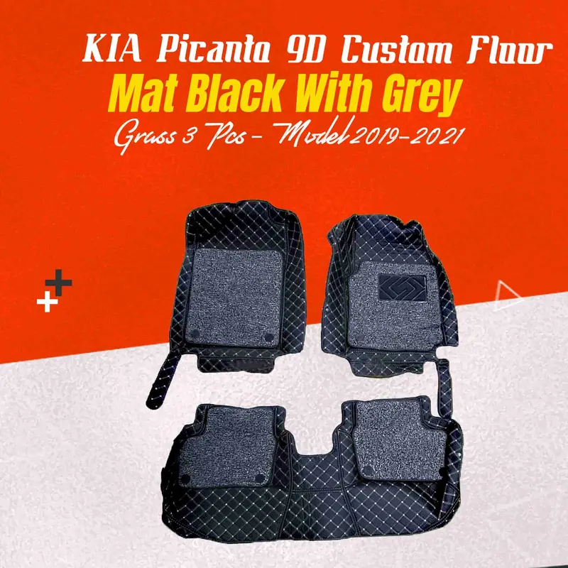 Kia Picanto 9D Custom Floor Mat Mix Thread Grass 3 Pcs 2019 - 2025 - Black With Grey 1