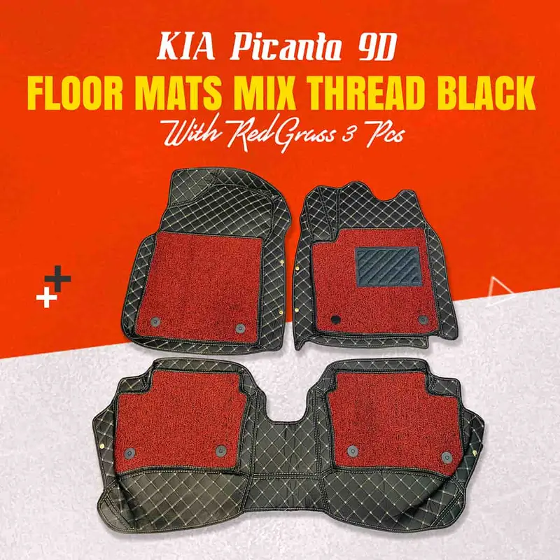Kia Picanto 9D Floor Mats Mix Thread Grass 3 Pcs 2019 - 2025 - Black With Red 1