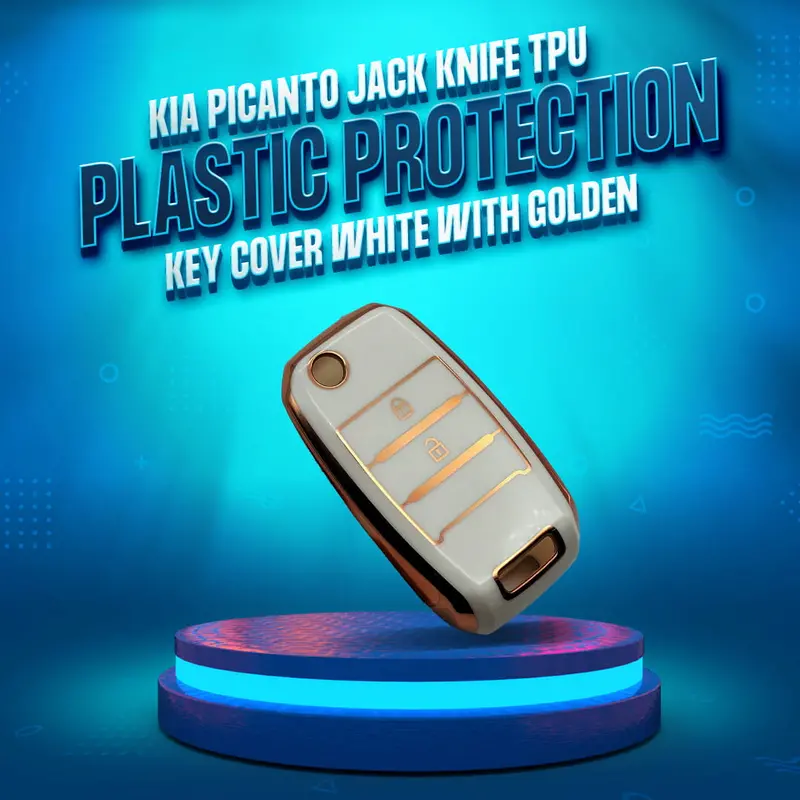 Kia Picanto Jack Knife Tpu Plastic Key Cover White With Golden 2019 - 2025 - 2 Button 1