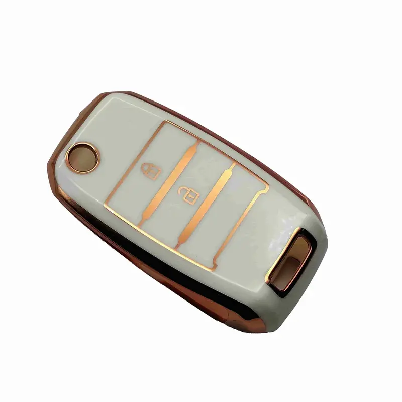 Kia Picanto Jack Knife Tpu Plastic Key Cover White With Golden 2019 - 2025 - 2 Button 2