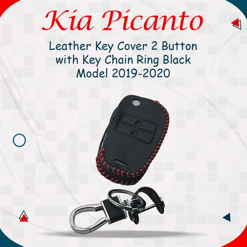 Kia Picanto Leather Key Cover 2 Buttons With Keychain 2019 - 2025 - - Ring Black 1