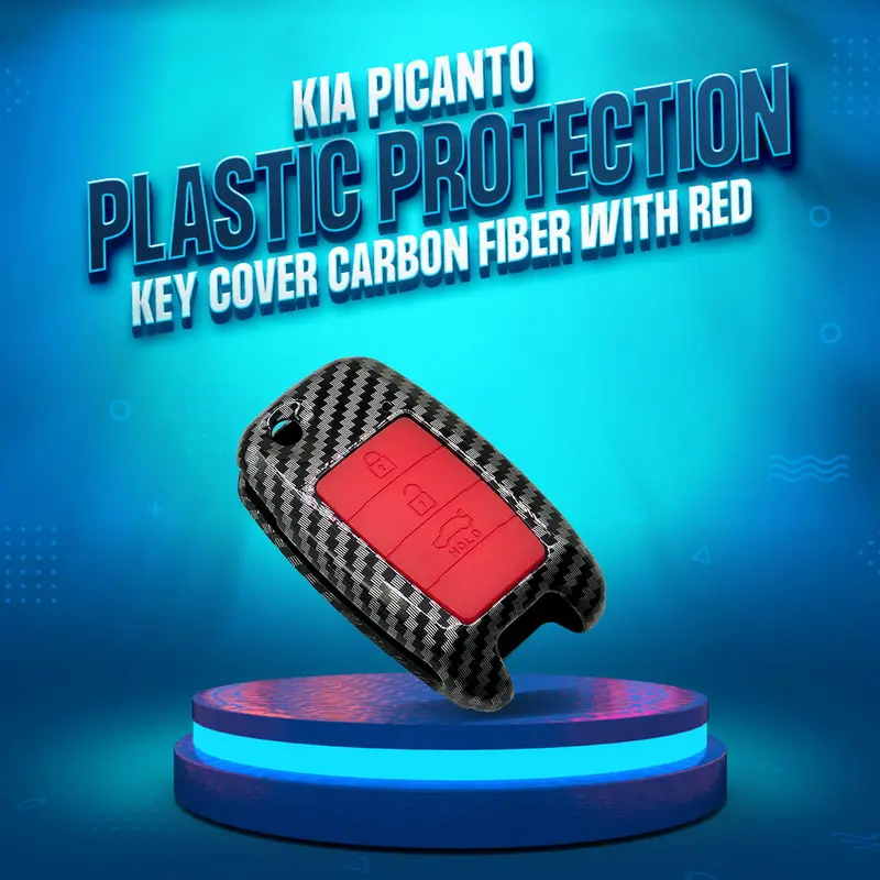 Kia Picanto Plastic Key Cover Carbon Fiber Jack Knife With Red Pvc 2019 - 2025 - 3 Buttons 1