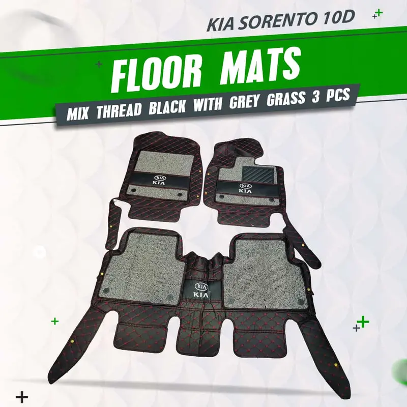 Kia Sorento 10D Floor Mats - Mix Thread 3 Pcs 2021 - 2024 - - Black With Grey Grass 1