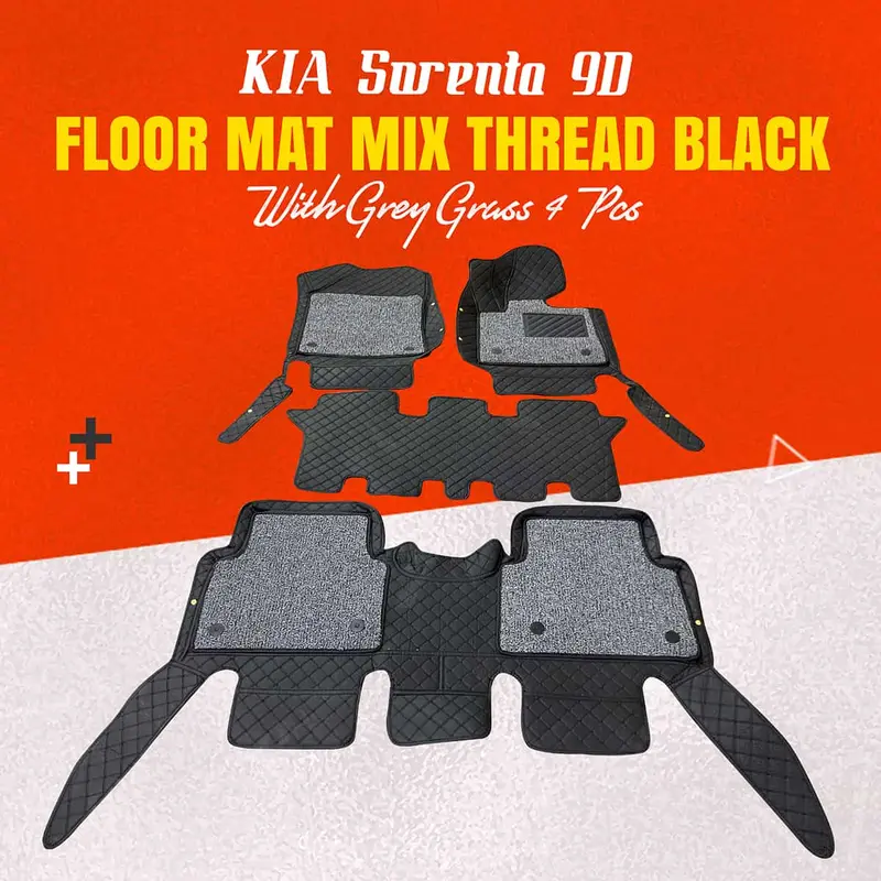Kia Sorento 9D Floor Mats Black With Grey Grass 4 Pcs 2021 - 2024 - Mix Thread 1