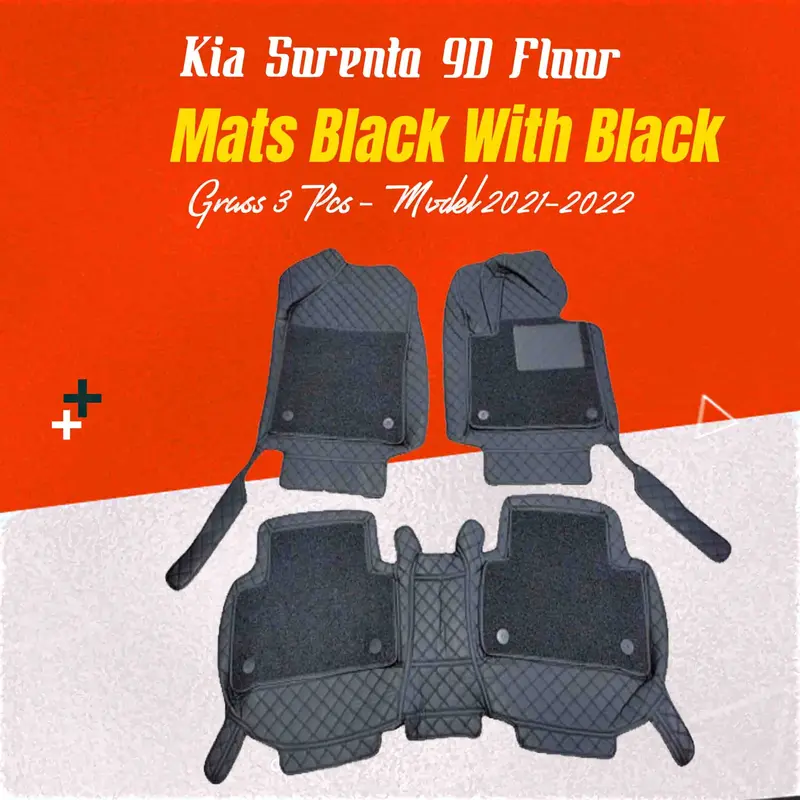Kia Sorento 9D Floor Mats Mix Thread 3 Pcs 2021 - 2024 - - Black With Black Grass 1