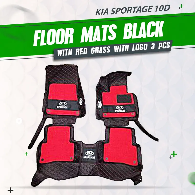 Kia Sportage 10D Floor Mats Black With Red Grass With Logo 2019-2025 - - Mix Thread - 3Pcs 1