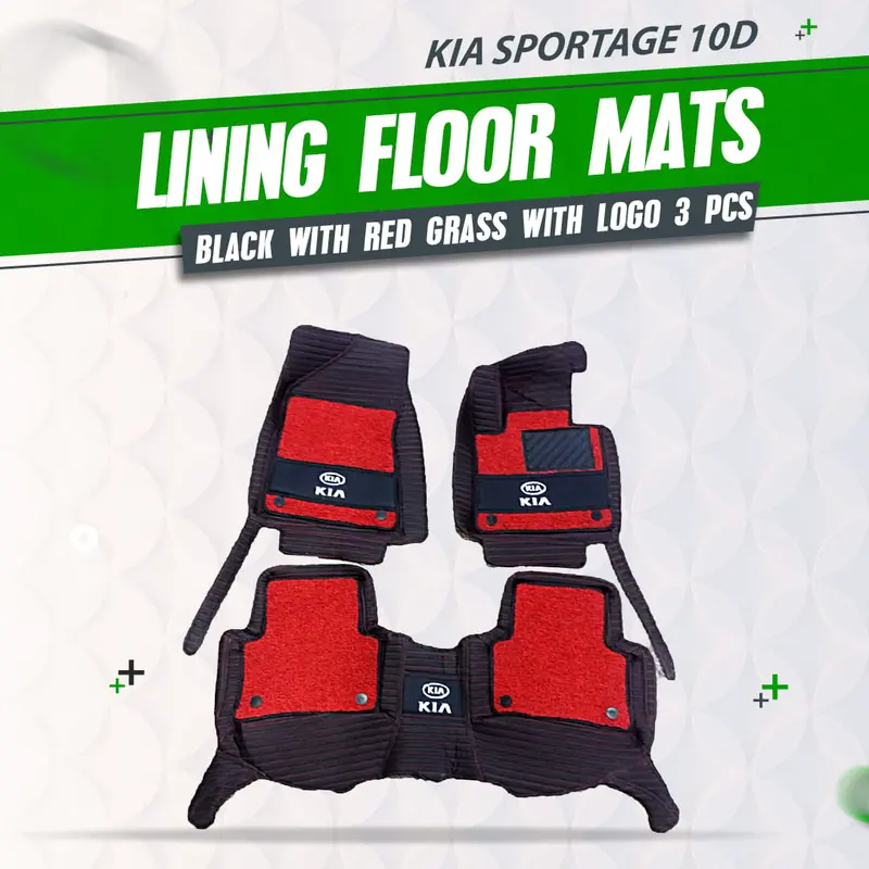 Kia Sportage 10D Lining Floor Mats - Mix Thread 3Pcs 2019-2024 - - Black With Red Grass With Logo 1