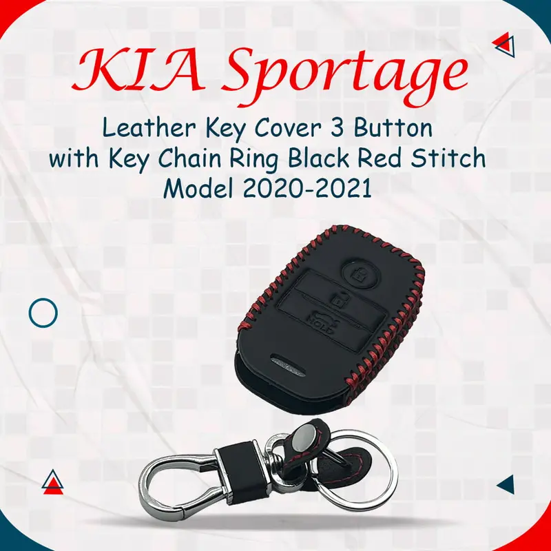 Kia Sportage Leather Key Cover 3 Button With Keychain 2020-2021 - - Ring Black Red Stitch 1