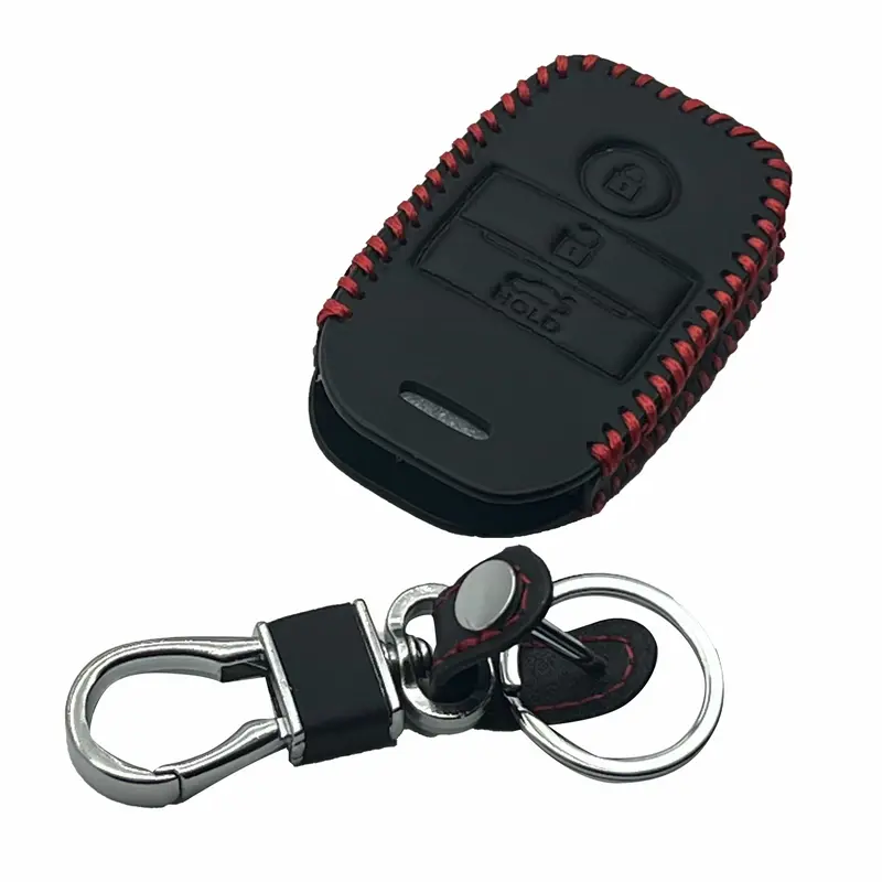 Kia Sportage Leather Key Cover 3 Button With Keychain 2020-2021 - - Ring Black Red Stitch 2