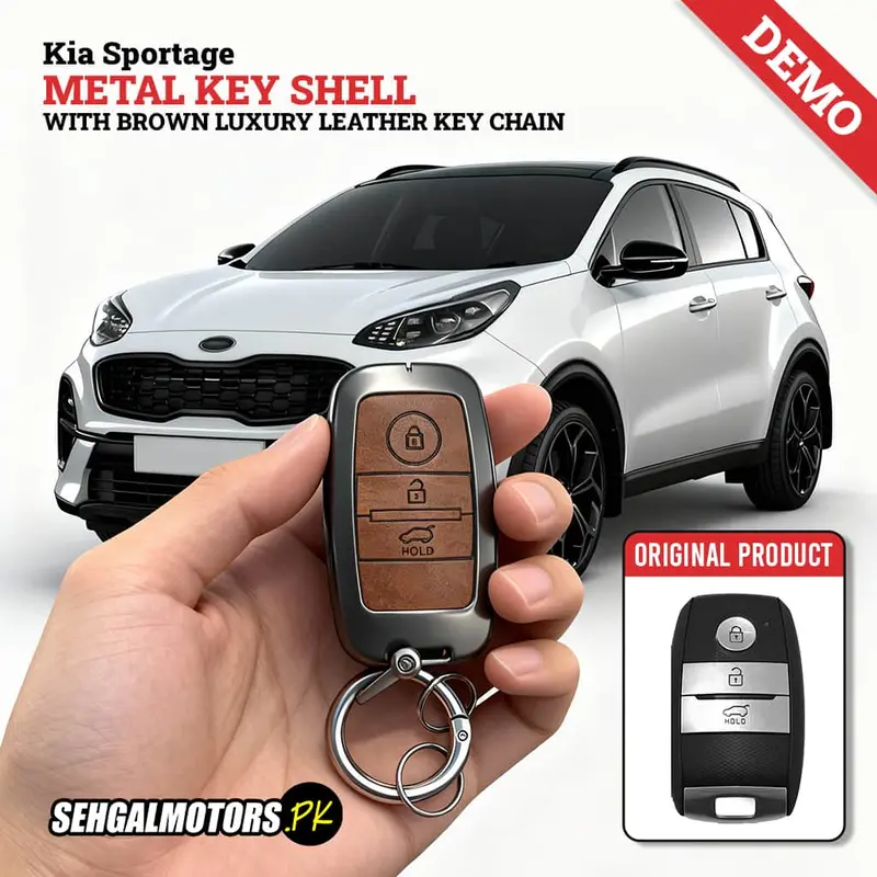 Kia Sportage Metal Key Shell Case Cover Brown - Leather Key Chain - Replacement Casing 1