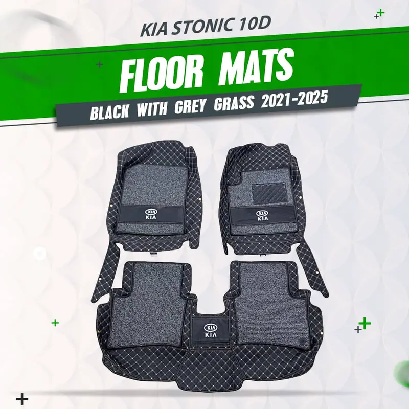 Kia Stonic 10D Floor Mat - Black With Grey Grass  3 Pcs Set 2021 - 2025 - Mix Thread 1