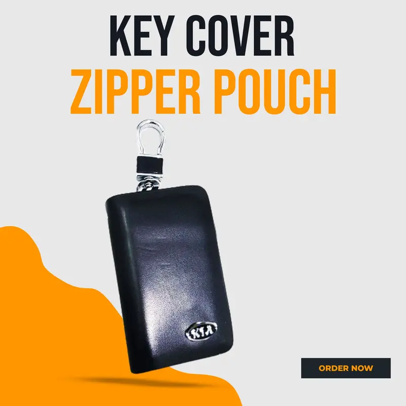 Kia Zipper Glossy Leather Key Cover Pouch Black With Keychain Ring 1