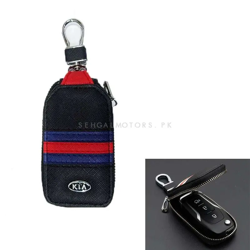 Kia Zipper Jeans Key Cover Pouch Black With Red Blue Strip Keychain - Ring 2